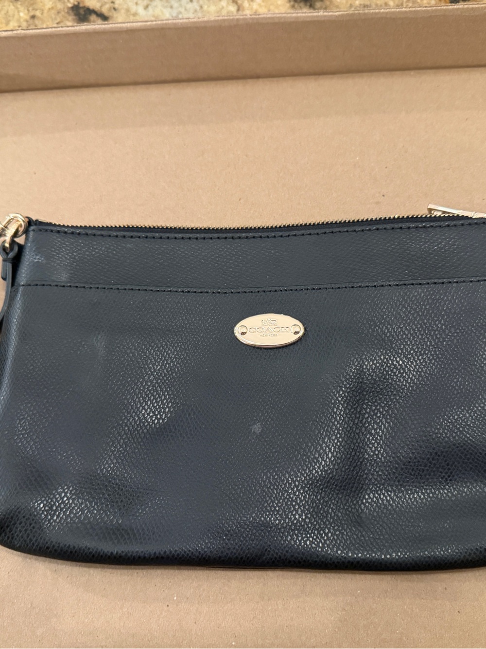 Coach Black Pebbled Leather Wristlet with Gold Hardware